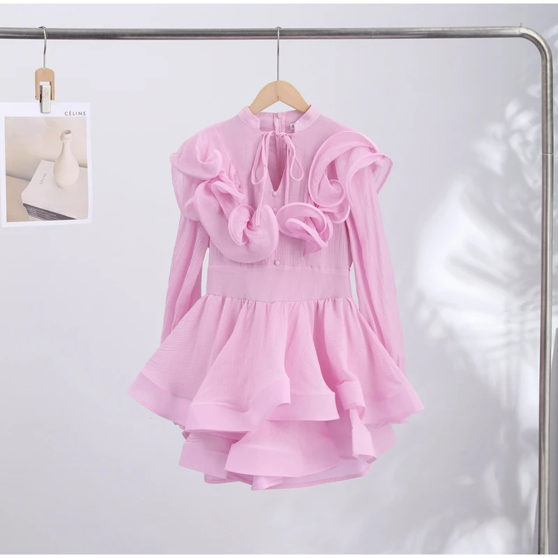 Solid Ruffle Mini Dress U Neck Long Puff Sleeve Tie Neck Tiered Hem Sweet Style Gown Soft Pastel Tones Fashion Chic Women Outfit