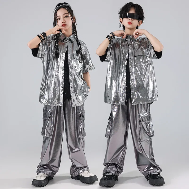 Boys Girls Teen Hiphop Dance Clothing Kids Short Sleeve Silver Leather Shirt Cargo Pant Sets Children Performance Costume Suits