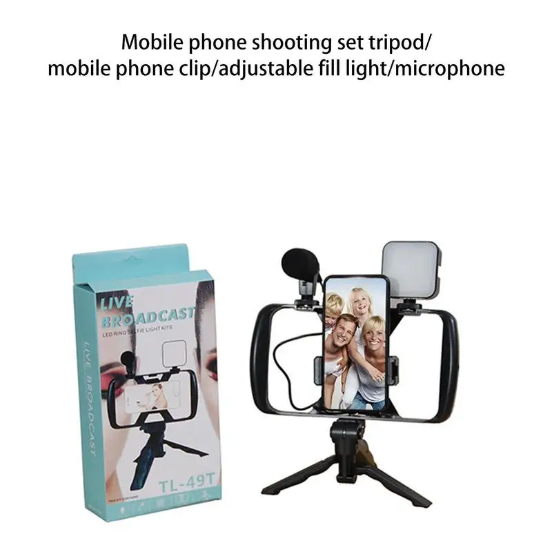 Smartphone Video Rig With Hand Grip Retractable Clip 4 In 1 Photo Tripod Stand With Microphone Fill Light Filming Accessories