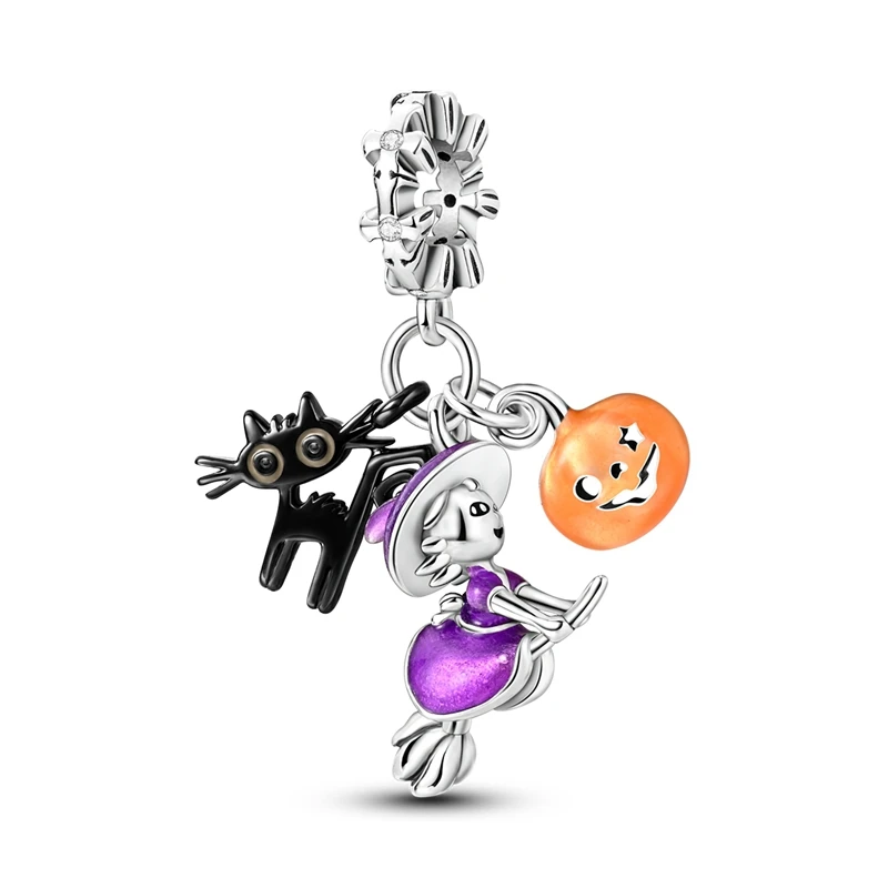 Cute 925 Sterling Silver Glow-in-the-dark Witch Black Cat Pumpkin Dangle Charm Fit Pandora Bracelet Halloween Necklace Pendant