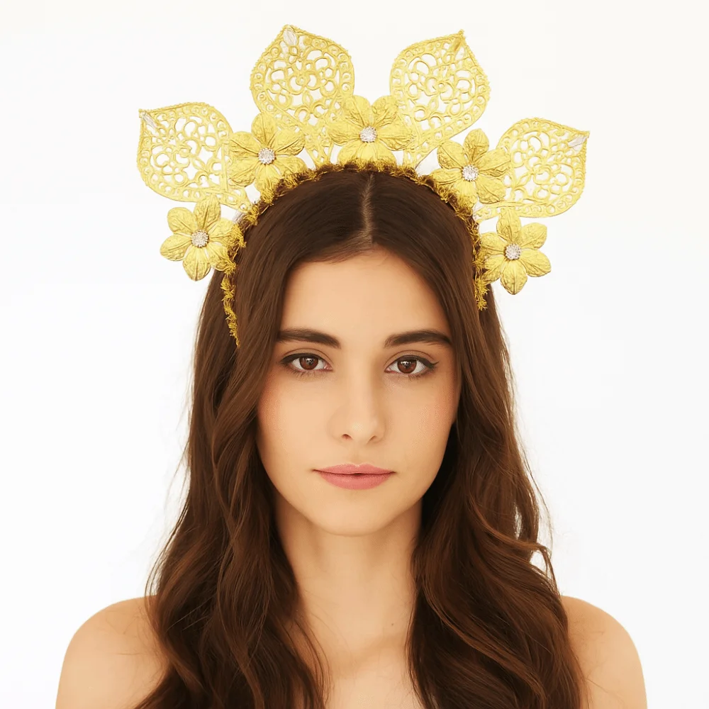 Flower Goddess Glory Headband Rhinestone Exaggerated Women Hairband Gold Color Sun Traditional Festival Hair Hoop
