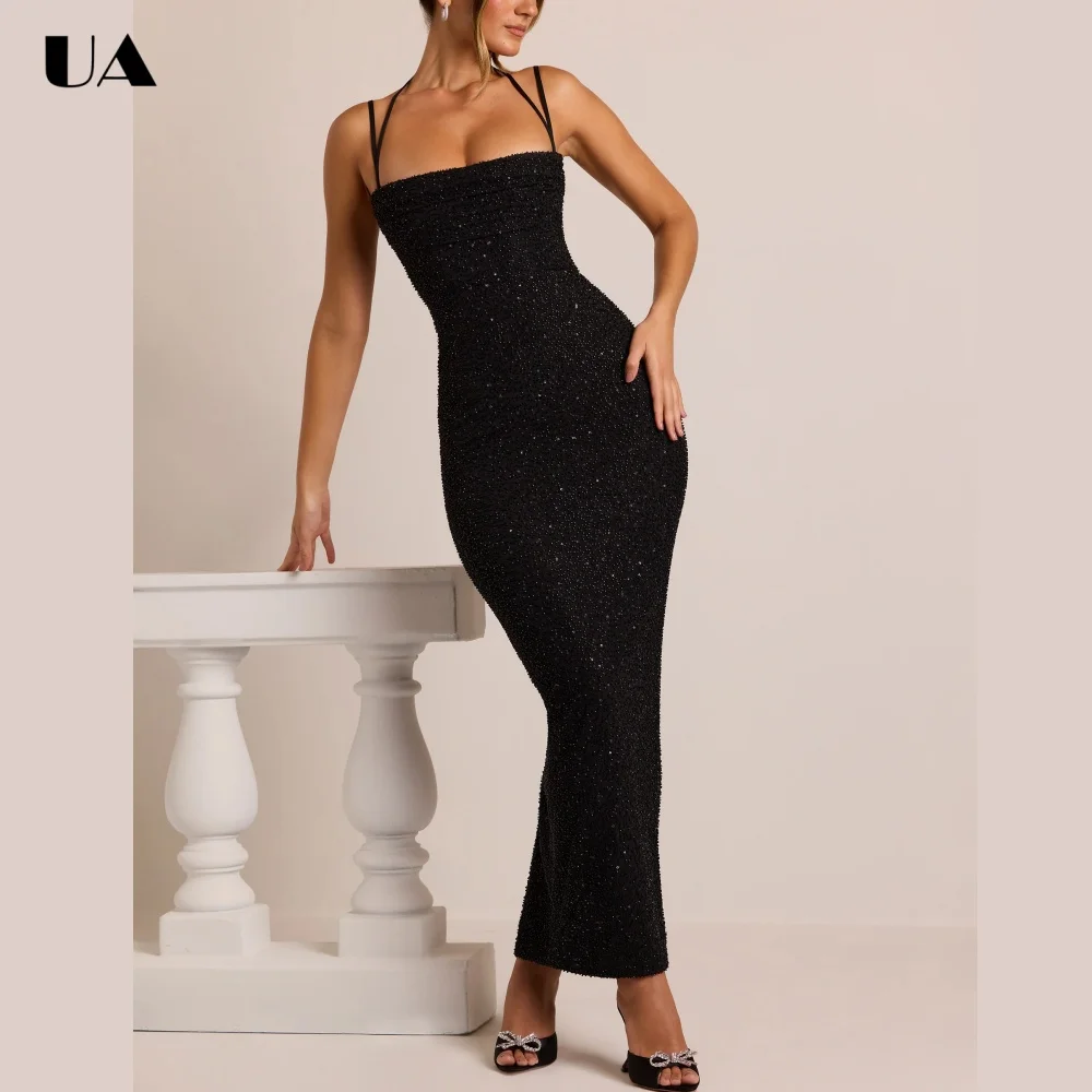 

ULBYANRY Glamarous Sequin Slim fit Prom Dress Sexy Backless Evening Dress Customized Solid Spaghetti Straps Wedding Guest Dress