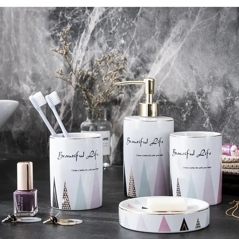 

Modern Style Wash Set Ceramics Four Piece Set Gargle Cup Soap Dispenser Soap Tray Home Bathroom Decoration Accessories