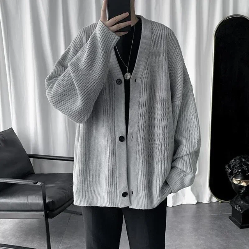 

Knit Sweater Male Black Coat Cardigan Men's Clothing Japanese Harajuku Fashion V Neck Plain Solid Color Jacket Knitwears X Ugly