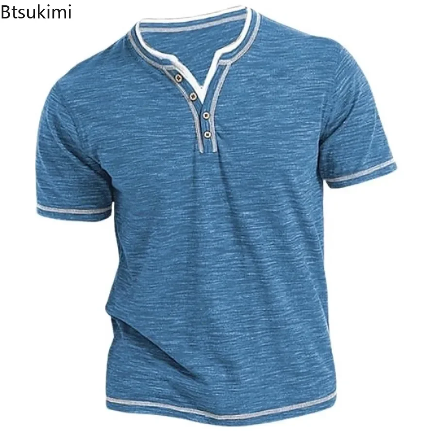 

2025 Summer Men's Short Sleeve V Neck T-shirt Fashion Splice Solid Casual Pullover Tops Male Comfortable Cotton Basic Sport Tees