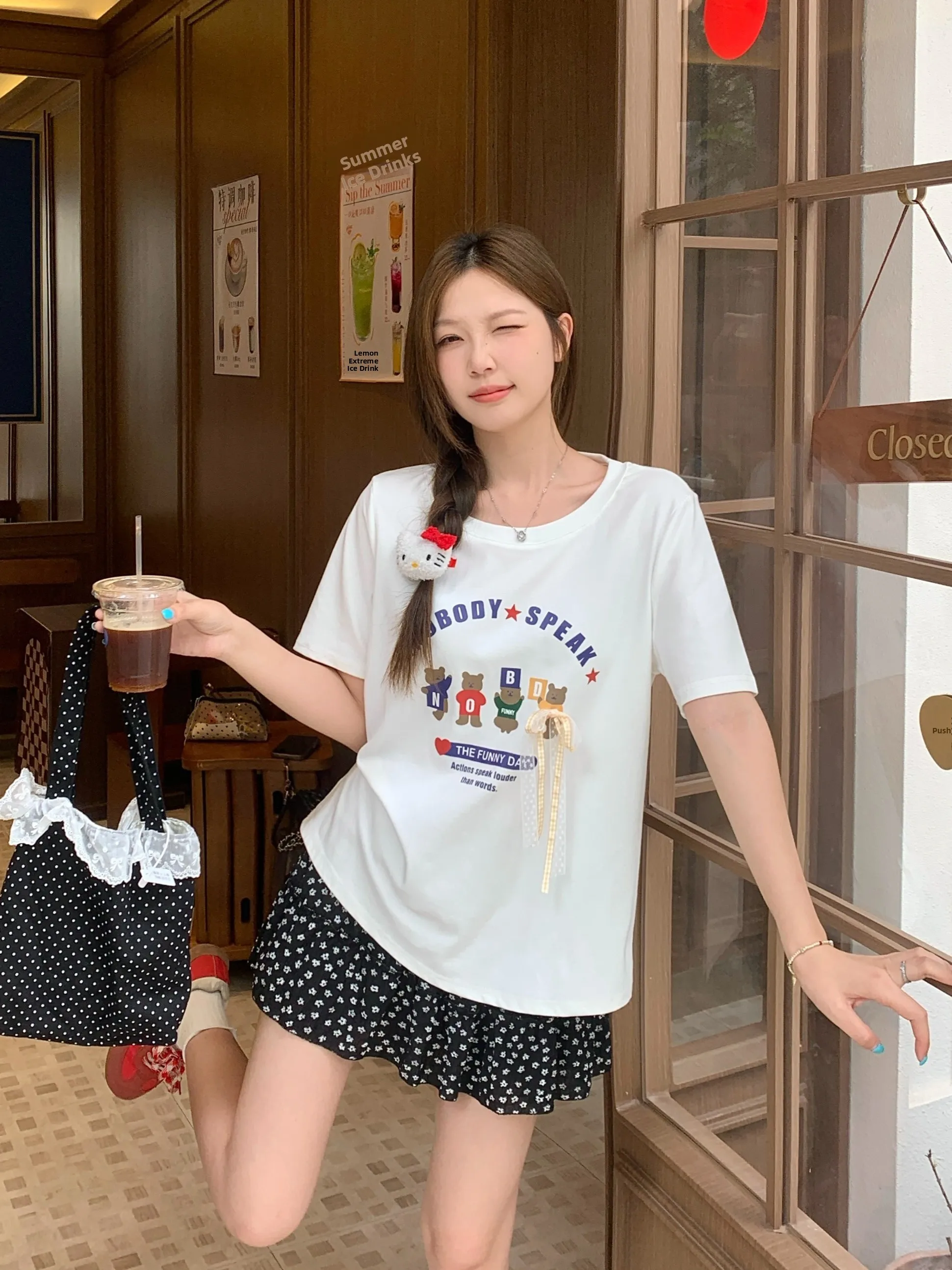 

plus Size Women's Korean Style Printed Short Sleeve T-Shirt Summer New Cartoon Loose Slimming American Knot Top