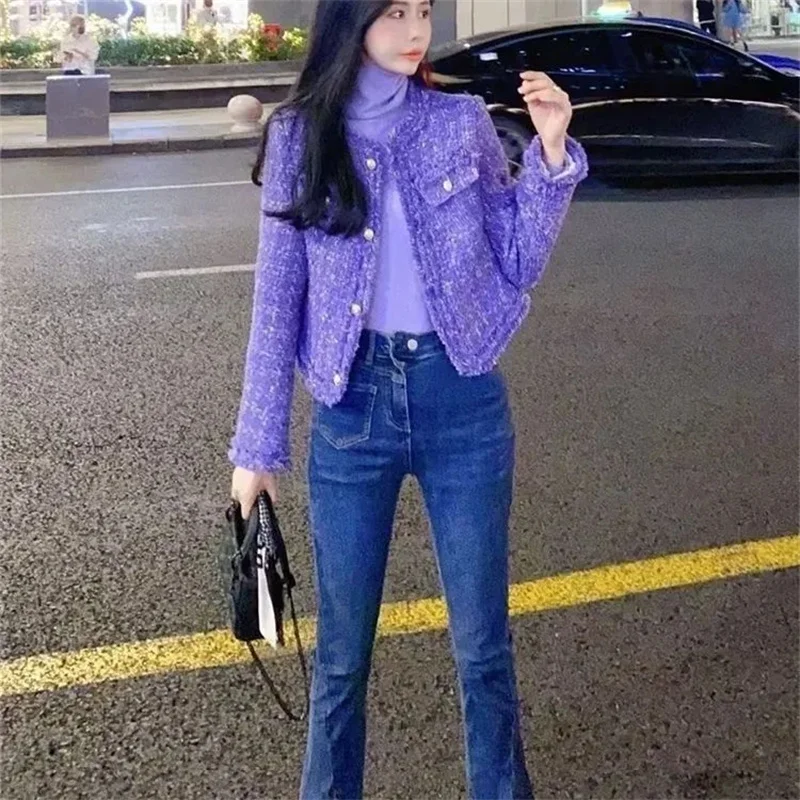 Small Fragrance Tweed Jacket Women Spring Autumn Elegant Cropped O-neck Outerwear Purple Casual Tweed Woolen Coat Ladies Tops
