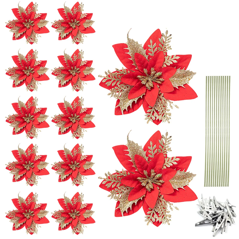 12Pcs Christmas Poinsettia Artificial Poinsettia Decorative Christmas Tree Flowers Ornaments 14cm for Stairs Window Fireplace