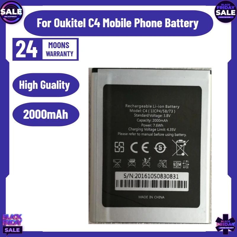 

NEW 2000mAh 3.8V 7.6Wh C4 Battery for Oukitel C4 Mobile Phone Battery