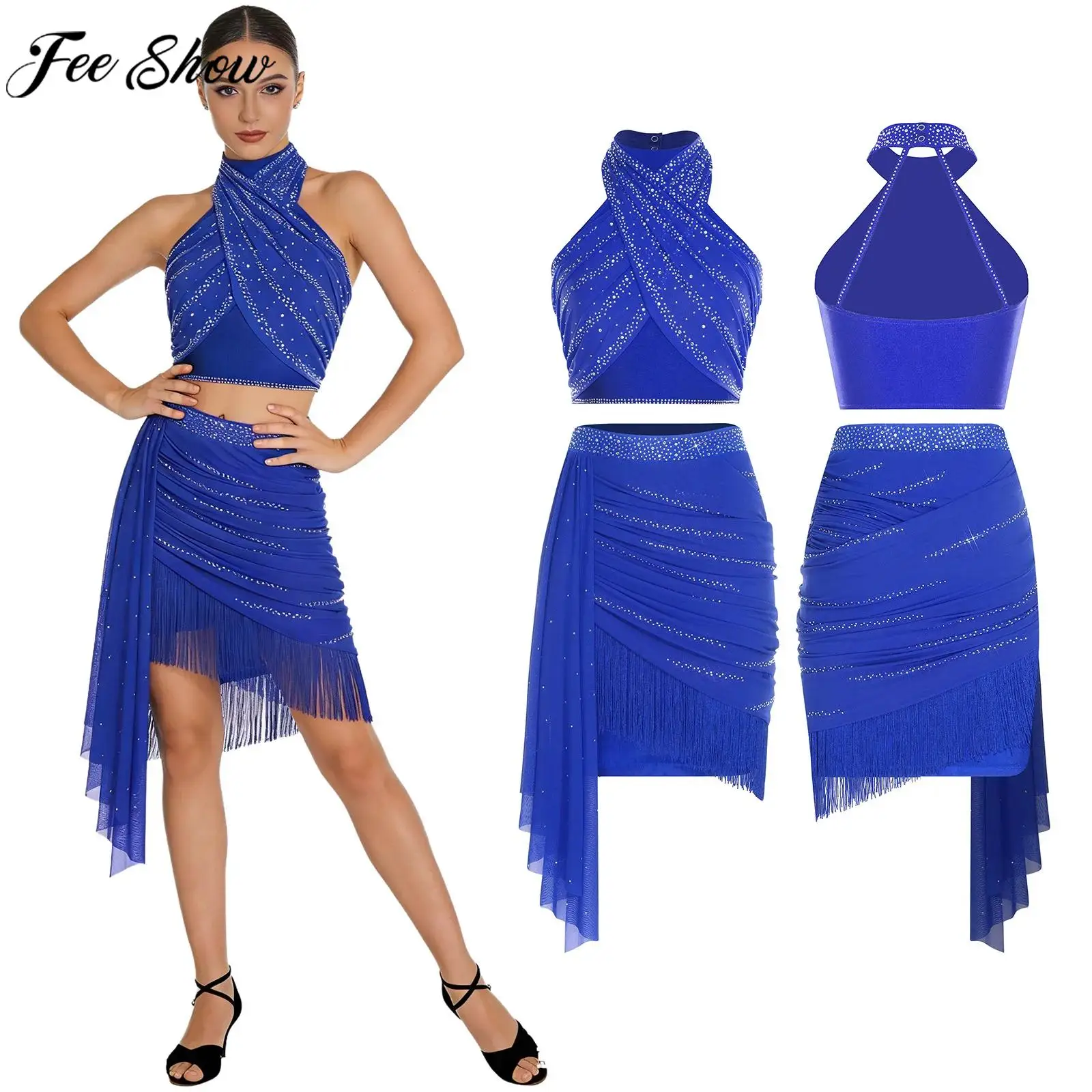 

Женская одежда для латинских танцев, блестящий топ с кристаллами и юбка с бахромой, комплект для ча-ча, танго, румбы, самбы, бальных танцев, сальсы