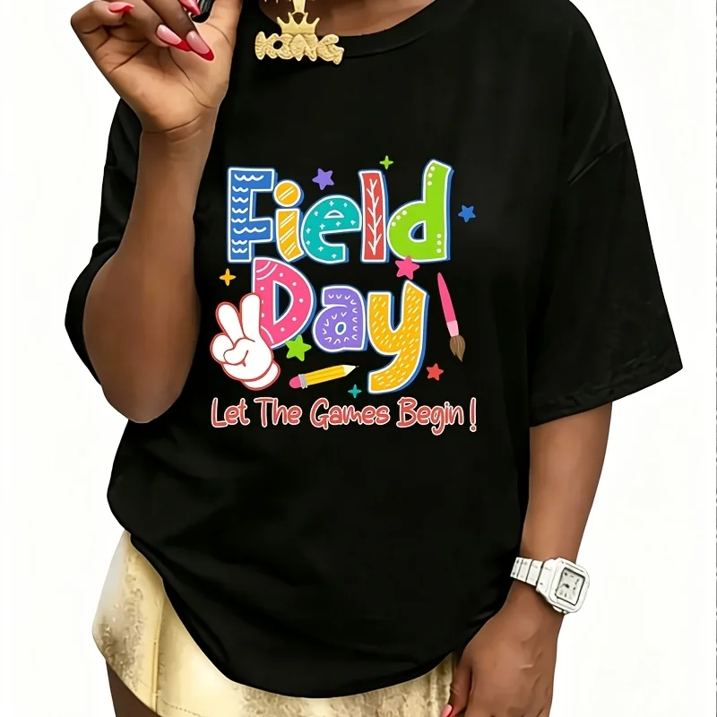 DIY Field Day Let the Games Begin, Field Day Teacher, Last Day of School Women's 100% Cotton T-Shirt Fun Print Short Sleeve Top Casual Round Neck Tee S-5Xl