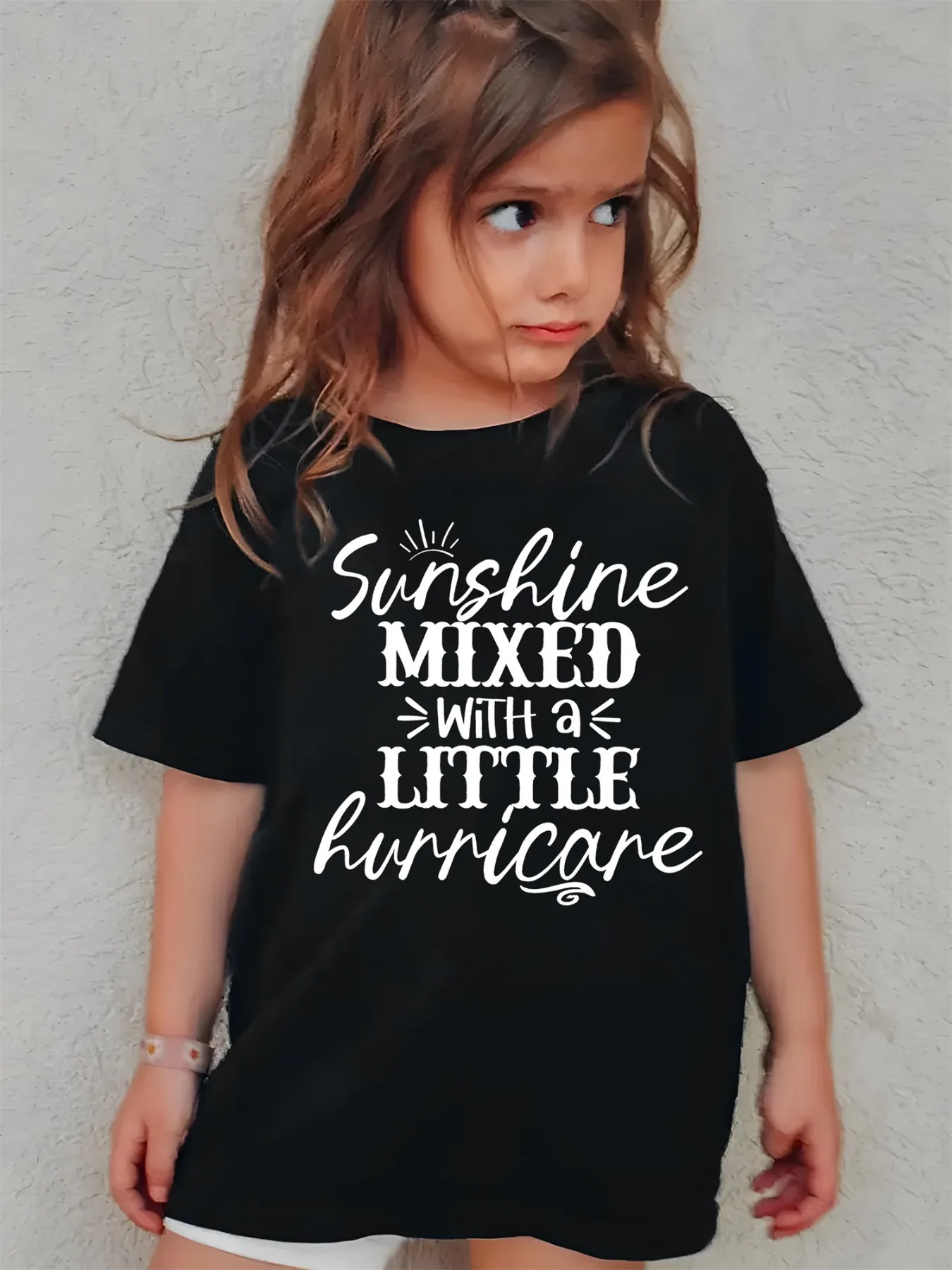 

2024 Kids Clothes Sunshine Mixed with a Little Hurricane Print T-Shirt for Girls O-Neck Fashion Tops Short Sleeve Girl T-Shirt