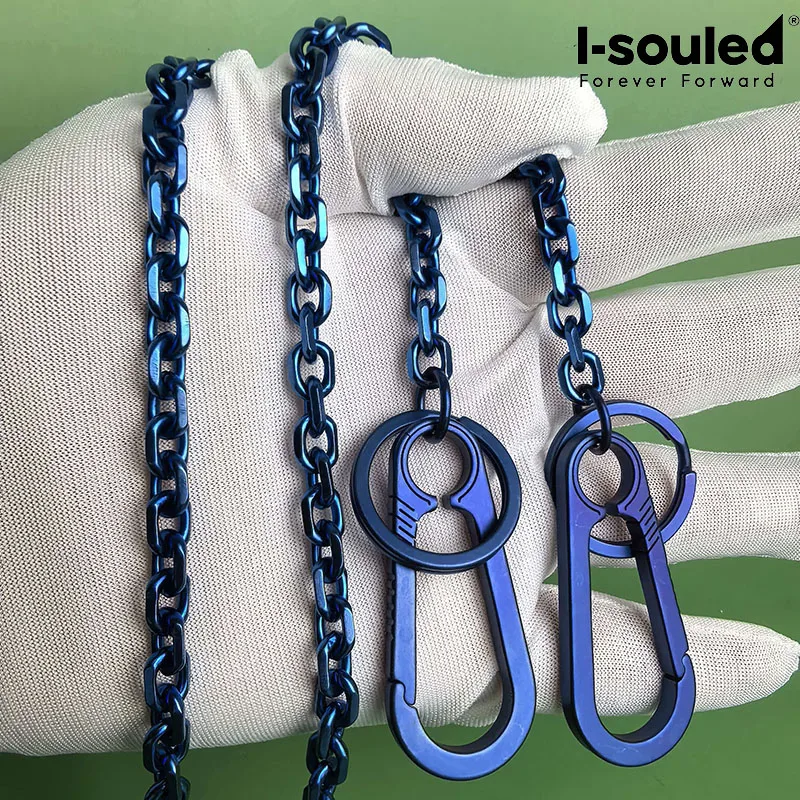 Pure Titanium Blue Anodized Chain with 2 Purple Blue Keychains, Simple and Fashionable