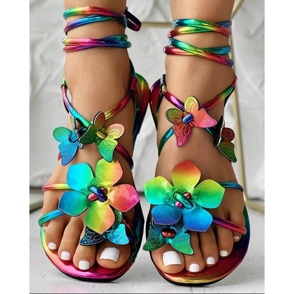 Fashion Women Rainbow Ombre Butterfly Floral Pattern Strappy Sandals Female Modern Party Summer Shoes