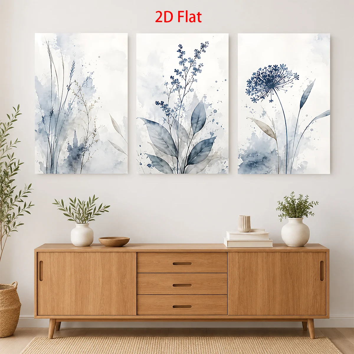 2D Flat 3PCS- Three canvas prints with blue watercolor floral and leaf designs. Canvas Wall Art, Canvas Prints  Home Room Dec