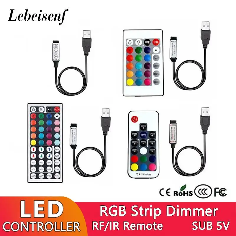 USB 5V LED Controller 6A 30W Mini RGB Dimmer with 3/17/24/44 Key IR RF Wireless Remote Control for 5050 2835 Color Light Strip