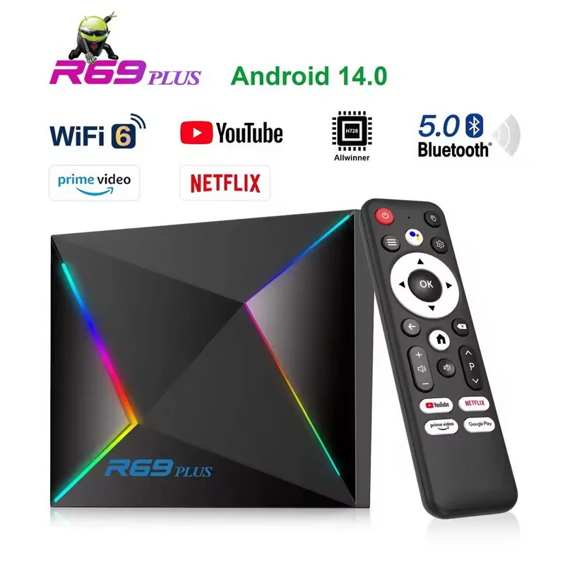 R69 Plus Smart TV Box Android 14 8K UHD WIFI 6 BT5.0 1000M Set Top Box Allwinner H728 4G 64G Reproductor Multimedia con Asistente de Voz