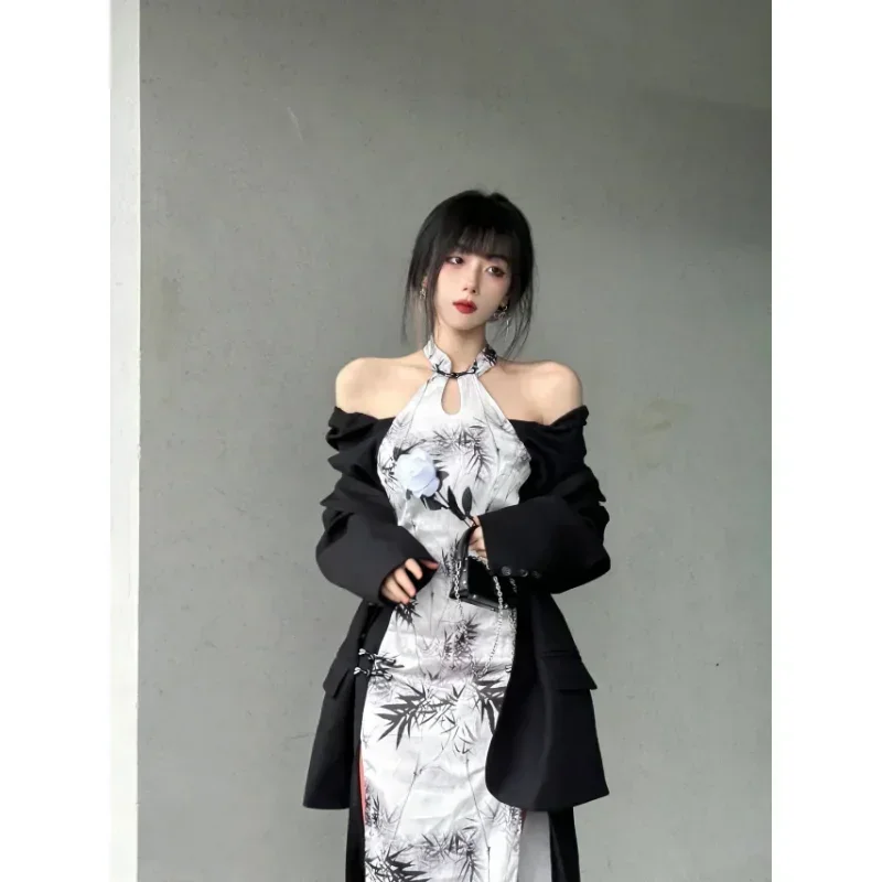 

Improved Modern Cheongsam Dress for Women Elegant Black White One Shoulder Bamboo Printed Stitching Sleeve Dresses Sexy Qipao