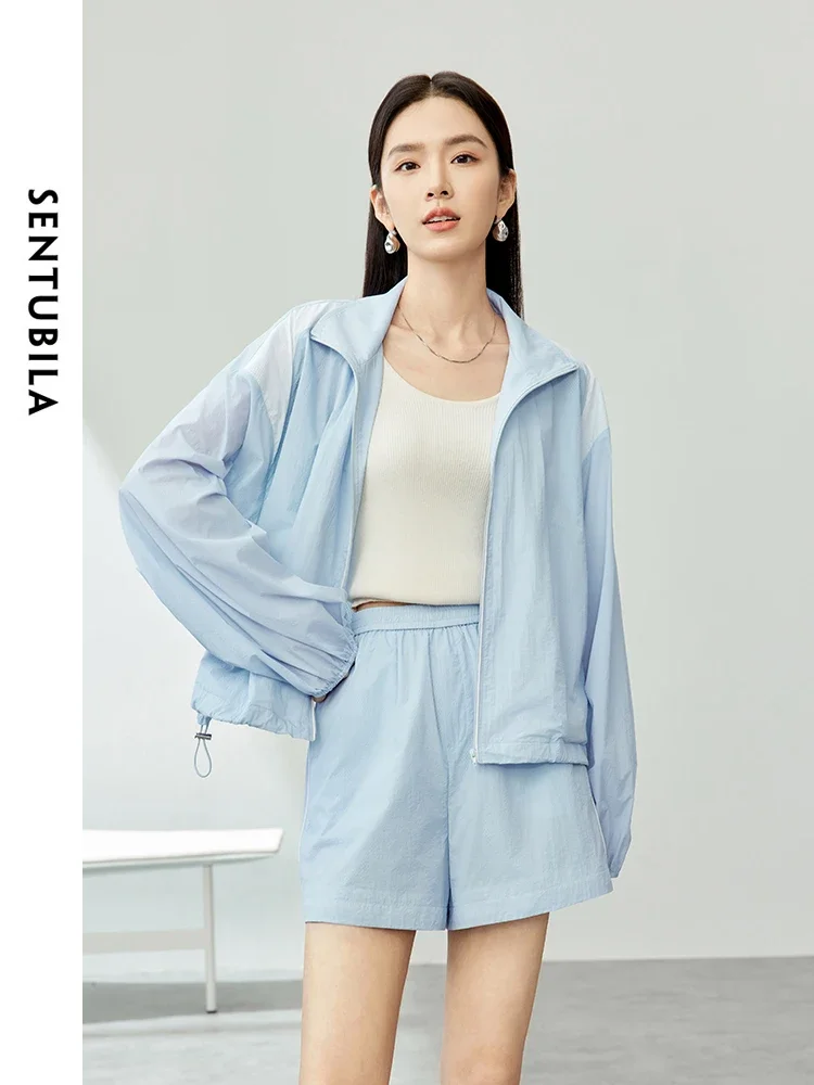 

SENTUBILA Cool Sunscreen Two Piece Shorts Set for Women 2024 Summer Casual Sports Thin Outfit Short Jacket With Shorts 141Z53704