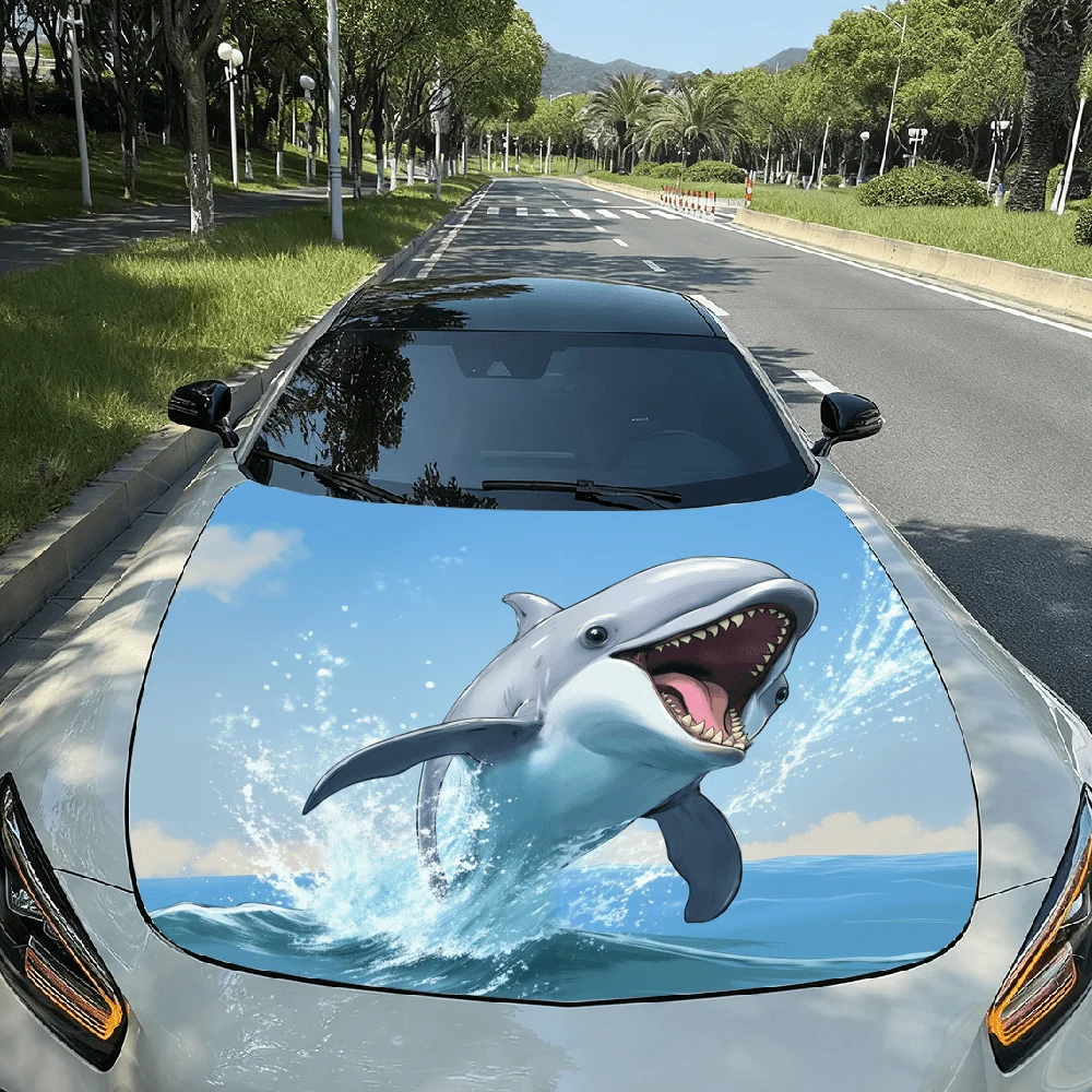 

Мультяшная акула с открытым ртом в океане, наклейка на капот автомобиля, виниловая наклейка премиум-класса для автомобильной промышленности, прочная виниловая пленка из ПВХ для