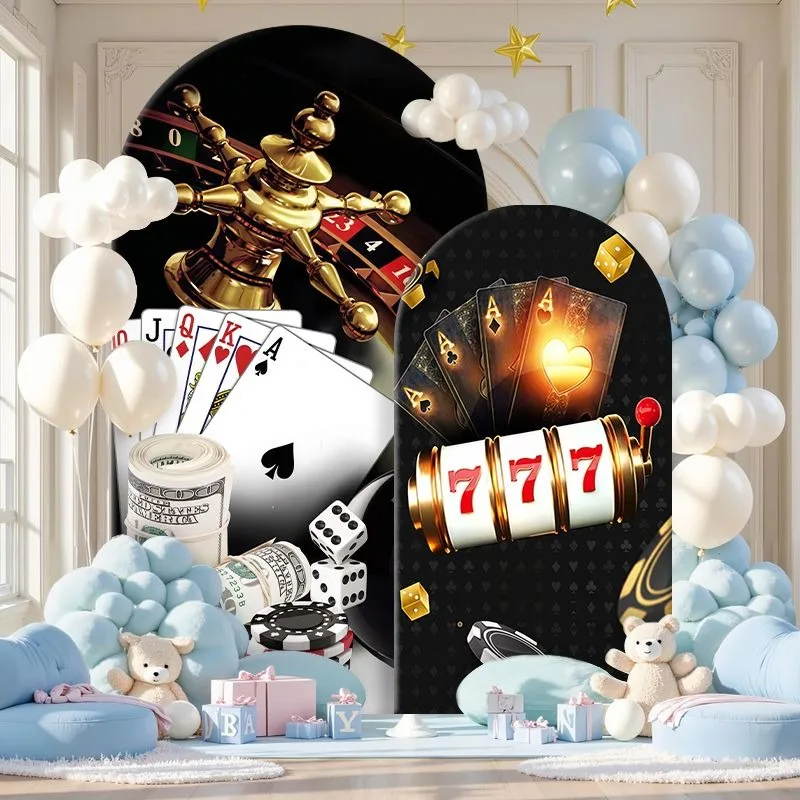 Elastic Double-layer Arch Backdrop Cover Casino Theme Backdrop Set Featuring Roulette Wheel Poker Cards and Slot Machine Design
