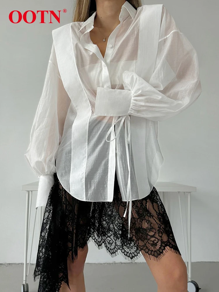 OOTN Lantern Sleeves Mesh White Shirts Women Turn Down Collar Lace-Up Blouses And Tops Perspective Elegant Ladies Office 2024