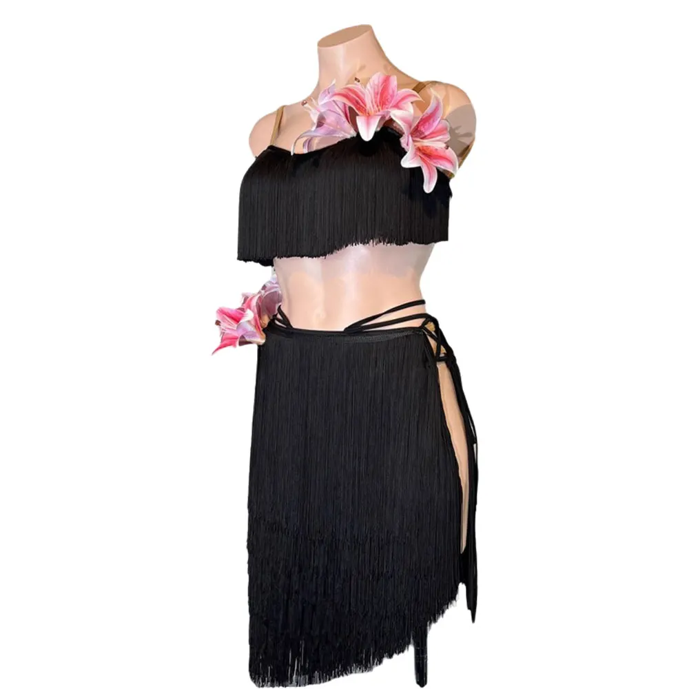 

Latin Dance Adult Children'S Dress High-End Custom Handmade Flower Black Tassel Tango Women'S Professional Clothing