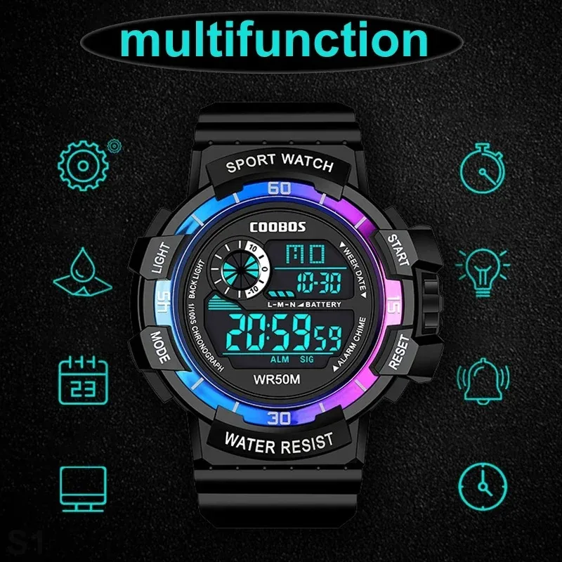 ファッションスポーツ LED 電子時計男性用高級防水発光軍事時計男多機能カラフルなデジタル時計