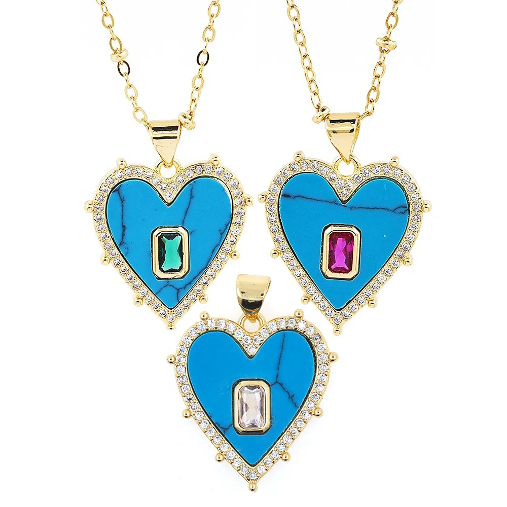 

New Blue Turquoise Heart Pendant Necklace Rectangle Zircon Gold Plated Couple Clavicle Chain For Women Wedding Party Jewelry