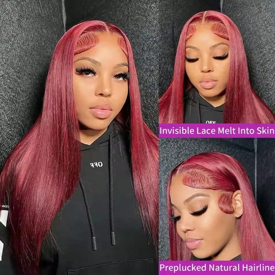 200 Density 99J Burgundy 13X6 Hd Lace Frontal Human Hair Wig Straight Human Hair Wigs 13X4 Brazilian Red Colored Hair For Women view 3