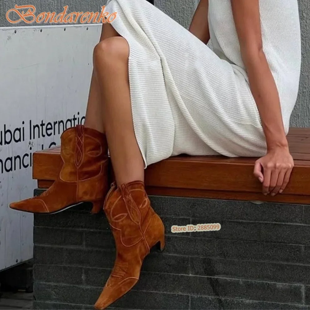 

Embroidered Women's Boots Small Square Toe Retro Frosted Slim Boots Med Heel Ankle Slip On Spring Autumn Shoes Casual Party