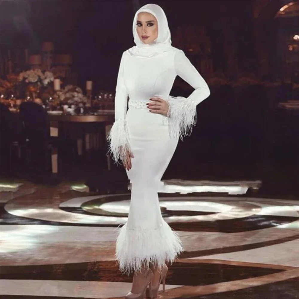 

Malaysia White Evening Dresses High Neck Prom With Hijab Gowns Full Sleeves With Feather Ankle-Length Mermaid Robe De Mariage