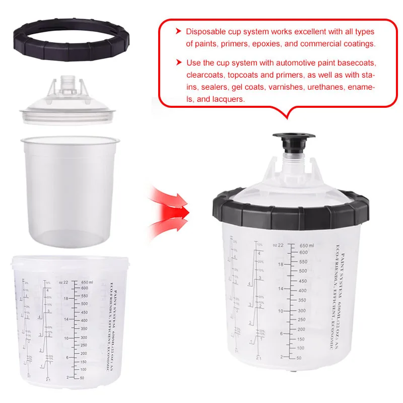 Imagem -05 - Copo de Pistola de Pintura Descartável com Forros e Tampa Pulverizador de Pintura Copo de Mistura para Pintura Automática 200 ml 400 ml 600ml 800ml