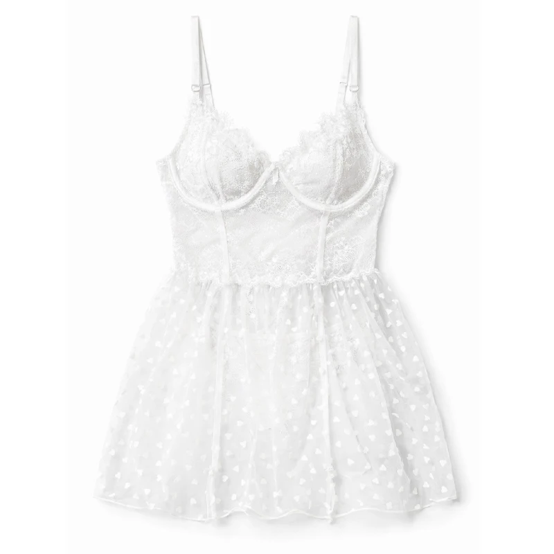 

Комплект из белого кружевного сетчатого мини-платья и стрингов: сексуальное прозрачное женское белье, ночная сорочка, будуарный наряд, одежда для сна