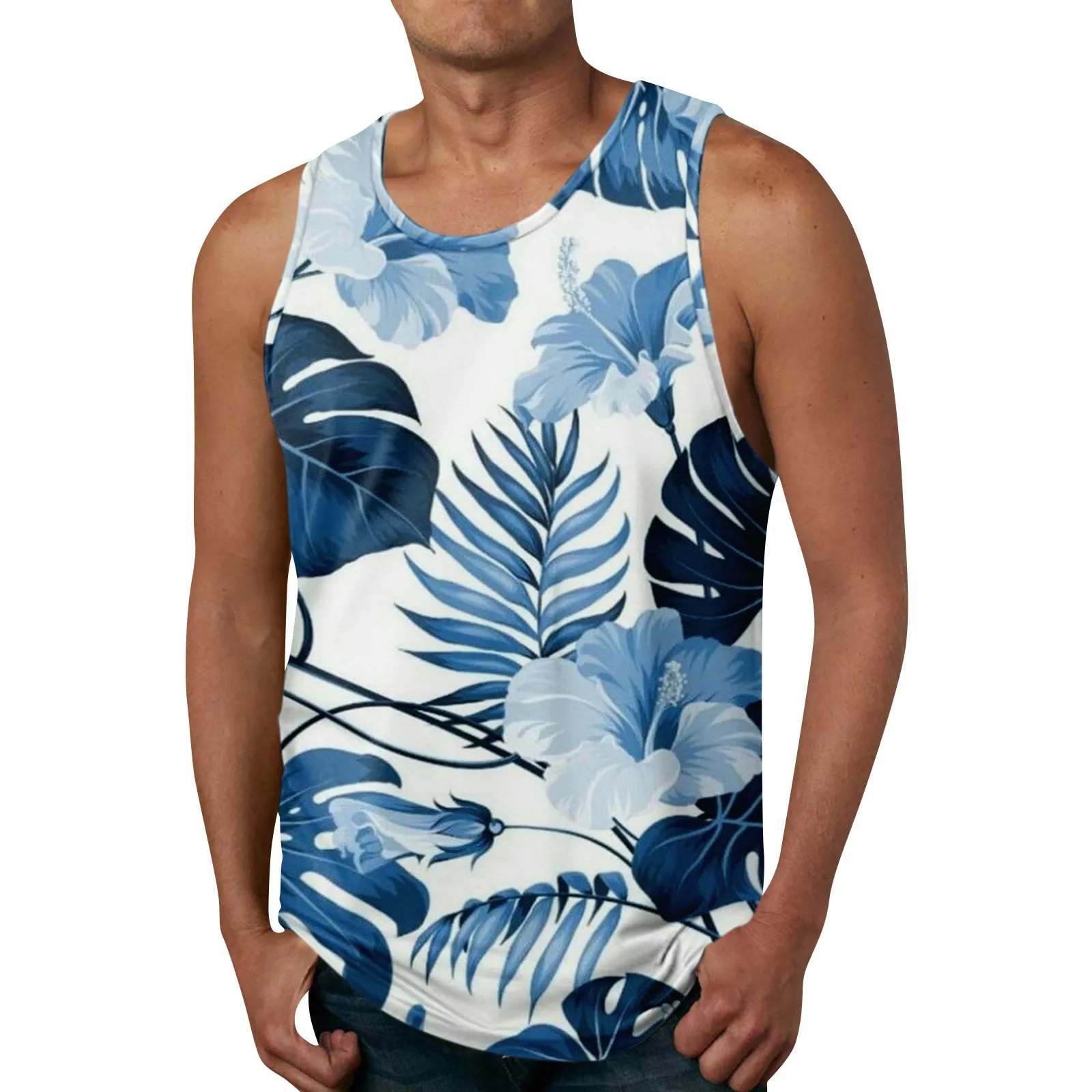 الرجال هاواي موضوع المطبوعة جولة الرقبة تصفح قمم للدبابات ، بلا أكمام ، عارضة ، أزياء ، الصيف ، عطلة