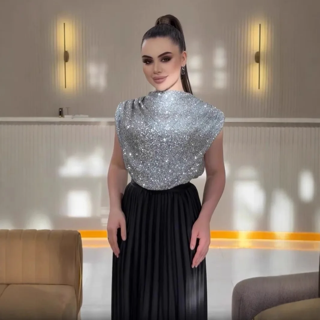 

Sleeveless Temperament Banquet Elegant V-neck Fake Two-piece Sequined Dress 2025 Autumn And Winter New Fashion Women's Clothing