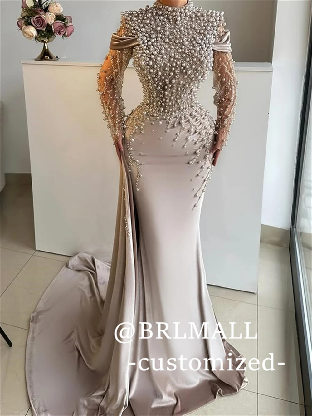 فستان سهرة طويل برقبة عالية من BRLMALL مع لؤلؤ - فساتين حفلة موسيقية من الساتان بأكمام كاملة - فستان رسمي نسائي مخصص