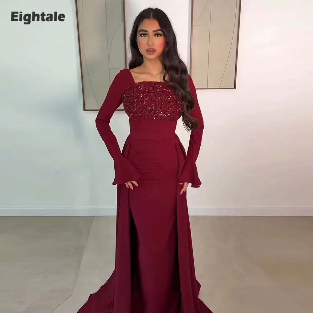 

Eightale Arabic Evening Dress for Wedding Party Strapless Long Sleeve Floor Length Mermaid Burgundy Customized Prom Gown
