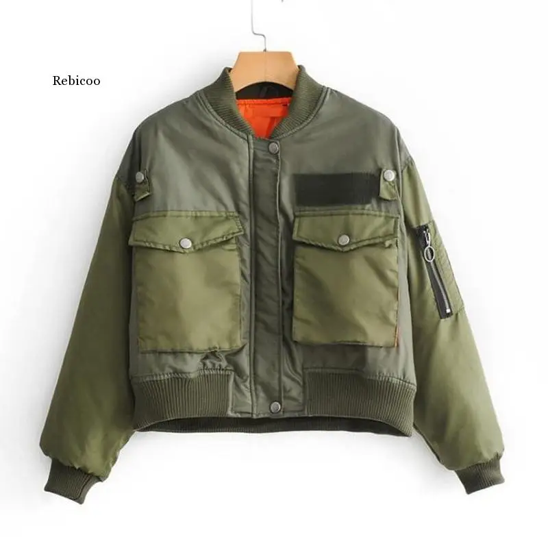 

Women's Army Green Bomber Flight Jacket Cropped Casual Aviator Coat Big Pocket Fashion Classic Long Sleeve Jackets