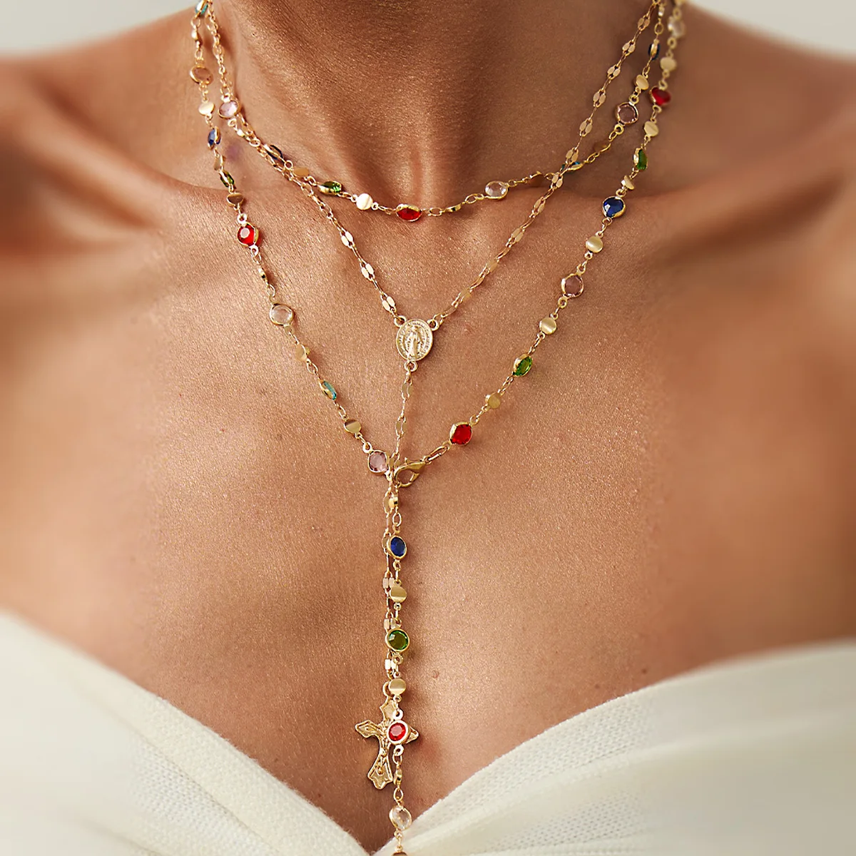 Rhinestone Cross Pendant Necklace Long Chain Minimalist Cold Style Stackable Layered Versatile Daily Jewelry for Women