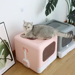 Caja de arena plegable para gatos cerrada con control de olores