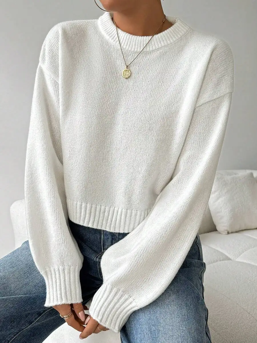 Women's White Cropped Knit Pullover with Balloon Sleeves and Ribbed Cuff