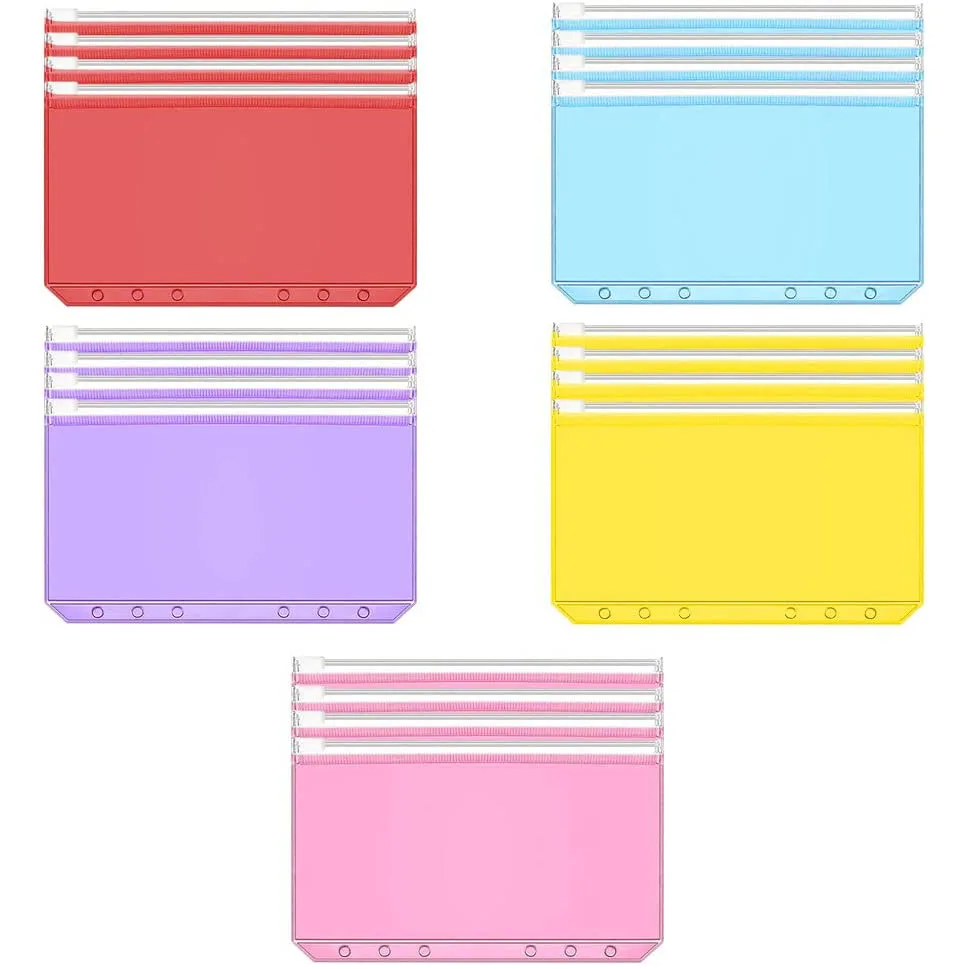 20Pcs A6 Zipper Binder Pockets 6 Holes Waterproof PVC Plastic Wallet Cash Envelopes Folders for Budget Binder Notebook Documents