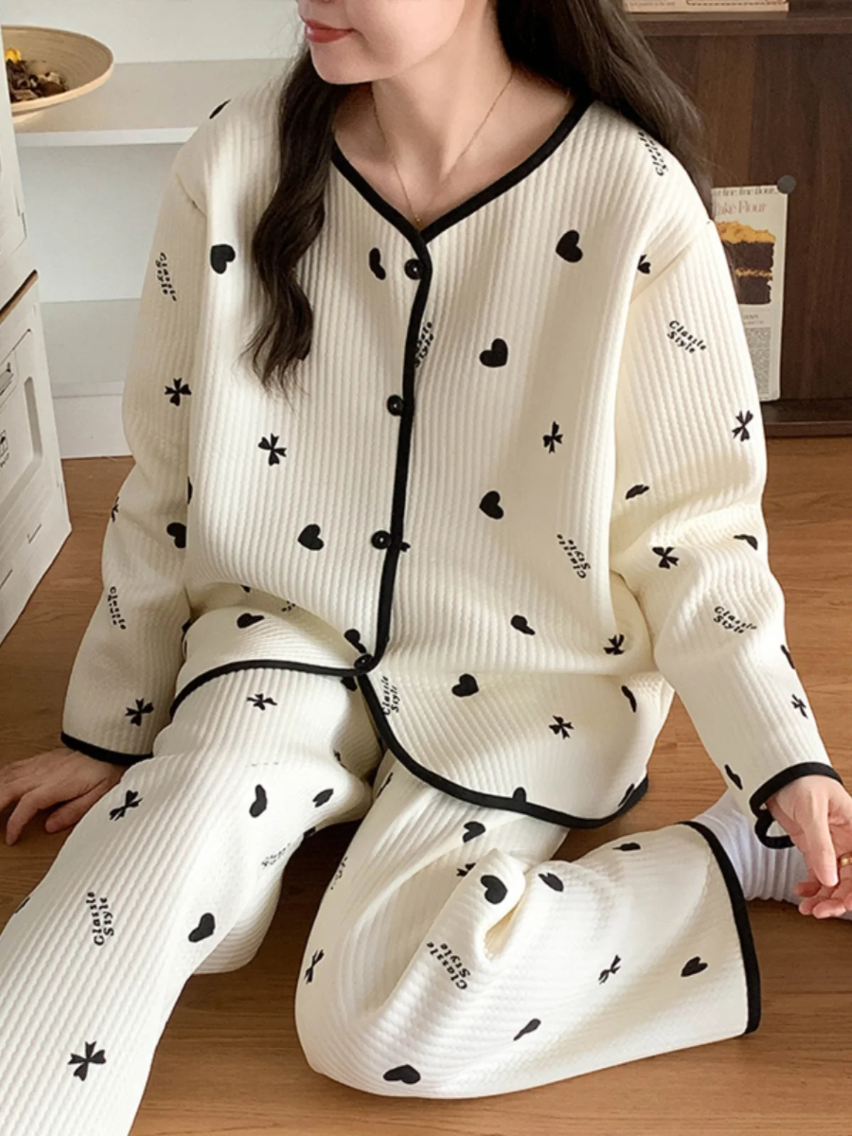 

Thiened Air Cotton Spwear Set Женская домашняя одежда Длинные брюки све с v-образным вырезом Зимняя теплая домашняя одежда Корейский сле