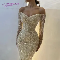 Vestido de noche elegante de sirena de Dubái para mujer, vestidos formales de lujo con hombros descubiertos y mangas largas con perlas para fiesta de graduación y boda