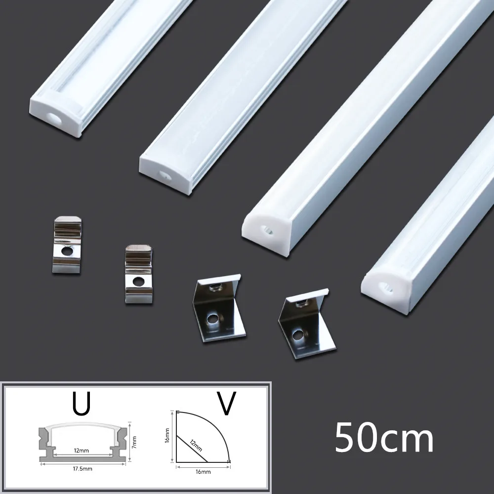 LED 50cm Aluminium Channel for Led Strip V/U Shape Aluminum Profile with Diffuser Milky PC Cover,LED Bar Strips Light Holder