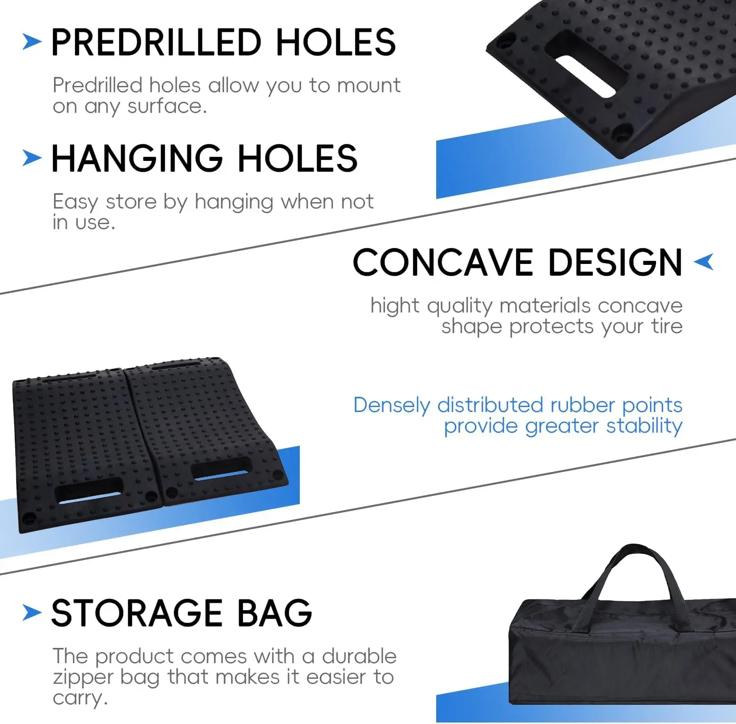 منحدرات توفير الإطارات المطاطية لتخزين السيارة، تصميم مضاد للانزلاق يمنع البقع المسطحة، سهل التخزين مع حقيبة، 4 عبوات باللون الأسود
