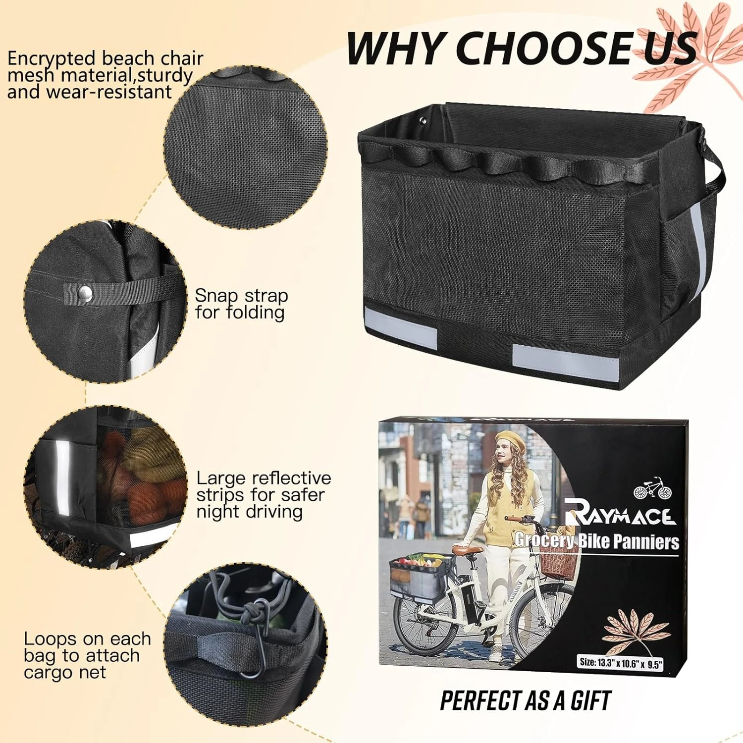

2Pack Bike Grocery Panniers for Bicycles and Ebikes,Bike Rack Bags with Reflective Spots and Side Pockets,Bike Basket Fits
