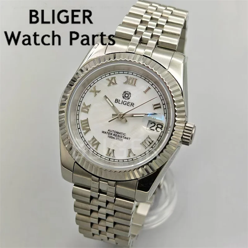 BLIGER 36mm/39mm White Pearl Sunburst Pink Blue Brown With Roman Index AR Coated sapphire glass NH35 Movement steel bracelet