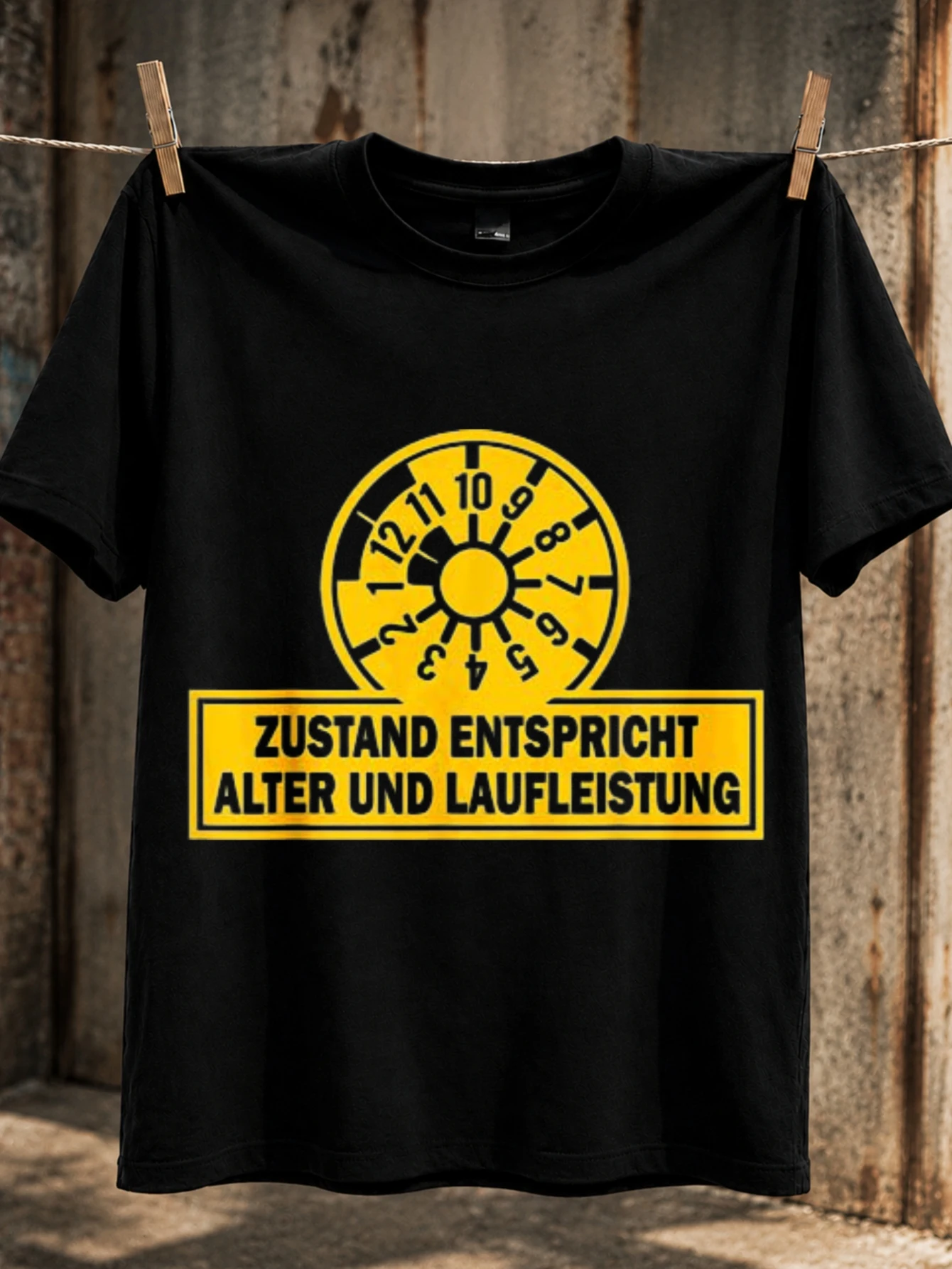 Alter Und Laufleistung yellow inspection dial graphic with German condition quote automotive aging  Unisex All T-Shirt